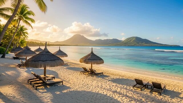 Tropical beach paradise with palm trees, thatched umbrellas, and lounge chairs overlooking turquoise ocean and distant mountains