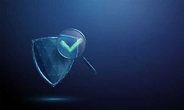 3d blue shield under magnifying glass with green check mark inside. Security verification, protection validation, risk control, safe infrastructure monitoring concept.