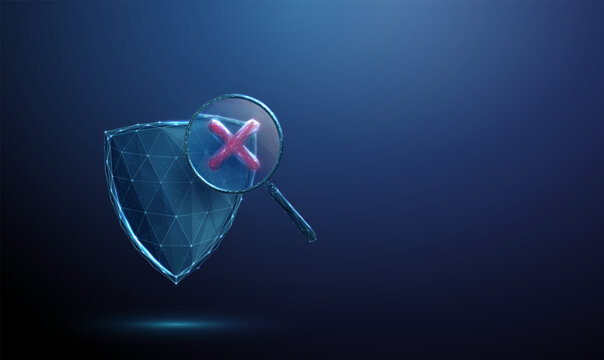 3d shield under magnifying glass with red cross mark inside. Security failure detection, vulnerability identification, risk exposure analysis, threat diagnostics concept.