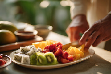 Obraz premium Fresh fruit preparation on a white plate with vibrant strawberries, kiwi, dragon fruit, and mango, set against a softly lit kitchen background