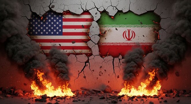 Flag of the United States and Flag of Iran on cracked wall with black smoke and fire. Concept picture about conflict between the Usa and Iran