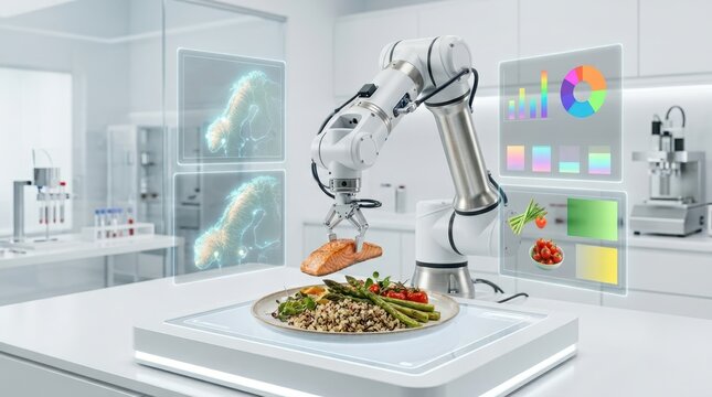 Robotic arm precisely assembling a balanced meal plate in a white lab, surrounded by holographic ingredient cards showing origin maps and nutritional values.