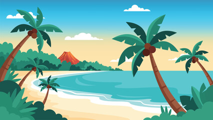 Fototapeta premium exotic volcanic island with slanted coconut trees and sandy beach illustration