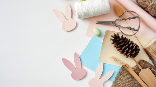 Easter craft supplies flat lay with bunny cutouts, twine, scissors, and rustic materials on white background with copy space.