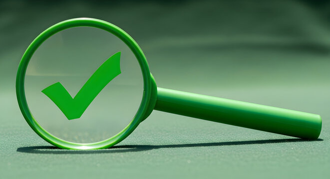 Green magnifying glass focusing on a bright checkmark, symbolizing successful verification, accurate search results, and approved outcomes with a clear focus on correct solutions