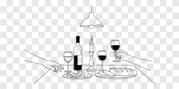 Wine Cheese Dinner Table Setting Illustration Vector Line Art Food Pairing