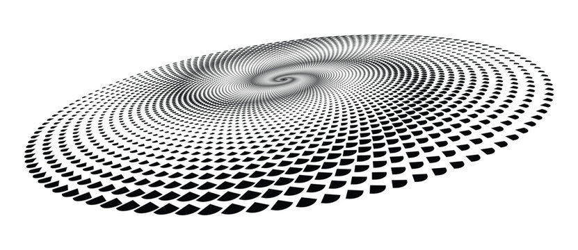 Abstract spiral galaxy logo icon in 3D perspective. Vector black and white circular vortex with repetitive scale shapes isolated on white.