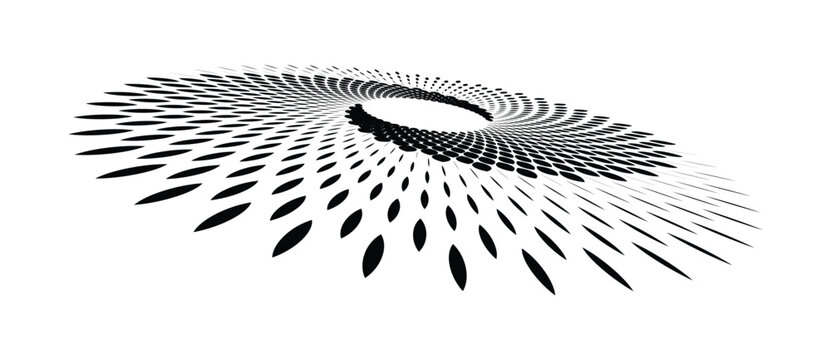 Abstract monochrome spiral ring with petal shapes in perspective. Vector halftone geometric background with radial motion for logo and icon design.