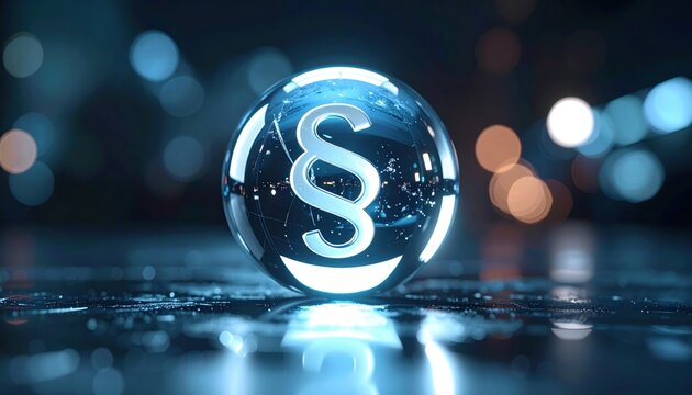 Crystal clear glass sphere with glowing legal symbol reflecting futuristic technology and law