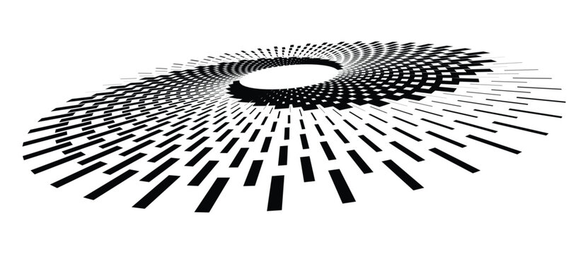 Abstract monochrome spiral ring with rectangular strokes in perspective. Vector halftone geometric background with radial motion for logo and icon design.