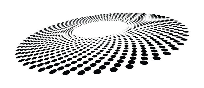 Abstract monochrome spiral ring made of dots in perspective. Vector halftone geometric background with radial motion for logo and icon design.