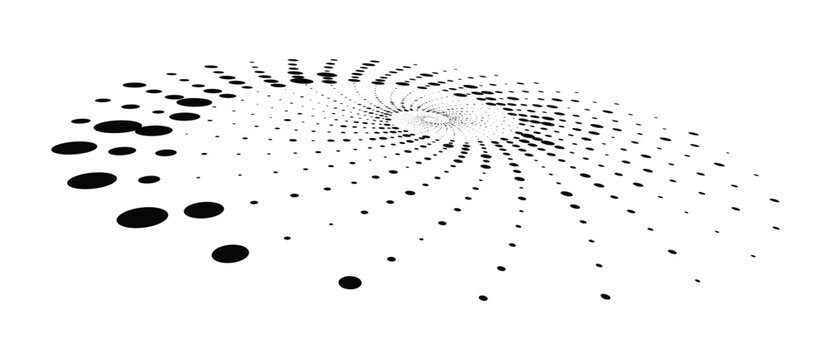 Abstract monochrome spiral vortex of halftone dots in wide perspective. Vector geometric background with circular motion for logo and icon design.