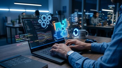Fototapeta premium Software developer working on laptop with holographic interface elements in modern night office showing coding progress and digital integration concepts workflow