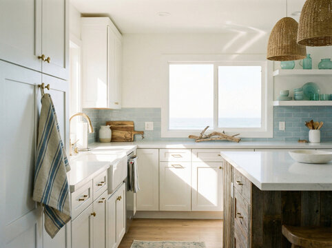 Coastal Kitchen with Crisp White Shaker Cabinet and Striped Linen Towel in Bright Natural Light