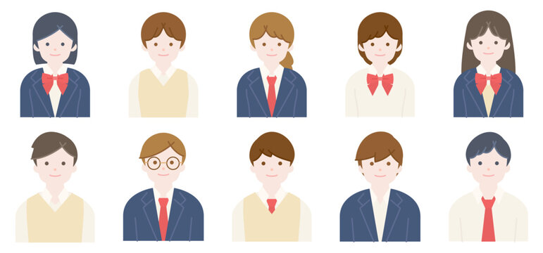 高校生・中学生の人物／男女笑顔の制服別の正面上半身セット