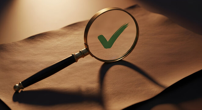 Conceptual image of a magnifying glass focusing on a green checkmark on paper, representing successful verification, quality assurance, thorough inspection, and validated approval