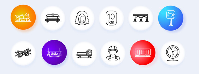 Railway transport set icon. Line style icons display train engine, rail cart, tunnel track, distance sign, bridge structure, stop sign, rail crossing, station platform, cargo truck, worker helmet © Anastasia