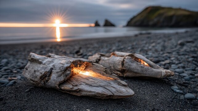 Warm light glows from sculpted driftwood pieces on a dark, pebbly beach at sunset.