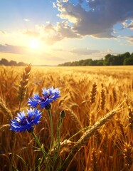 Obraz premium Golden wheat field with blue flowers at sunrise
