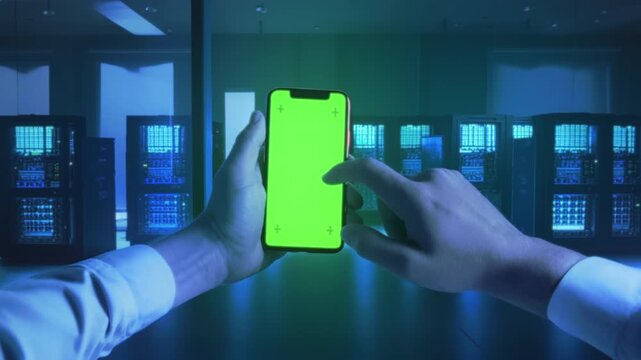 Information technology specialist overseeing server racks and security protocols using touchscreen interface