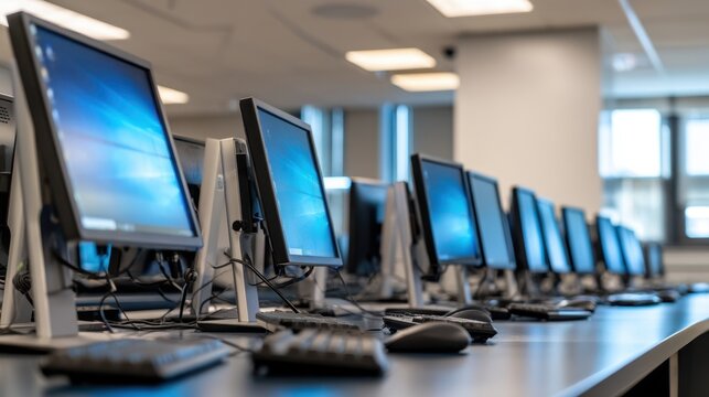 Rows of desktop computer monitors in a modern computer lab classroom background for education training banner and technology wallpaper for design