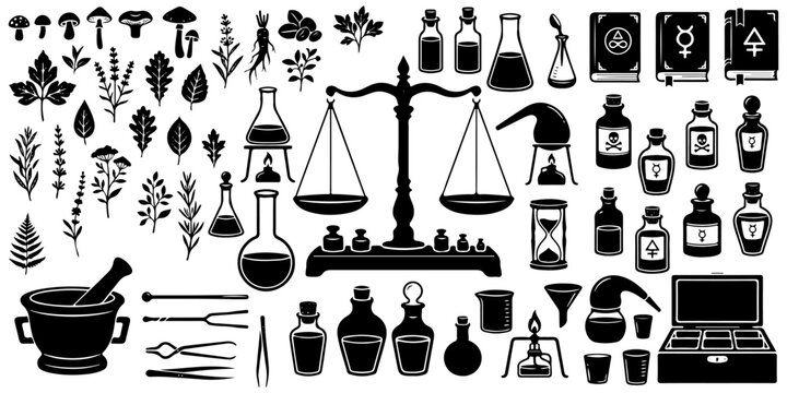 Set of vintage alchemy and antique apothecary tool silhouettes, botanical herbs and magic potions isolated