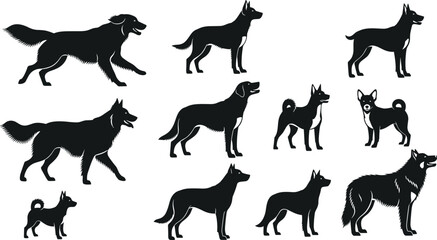 Fototapeta premium Dog silhouettes collection featuring various breeds and poses, black vector illustration set, domestic animals icons, canine shapes isolated, pet design elements for branding