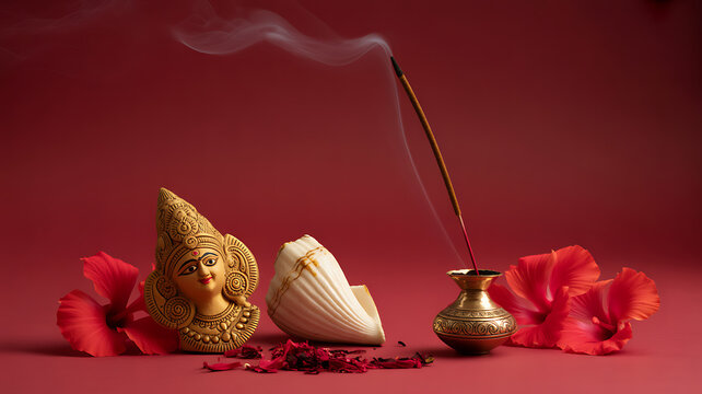 Incense stick burning in a brass holder with a conch shell, decorative deity figure, and red flowers on a red background