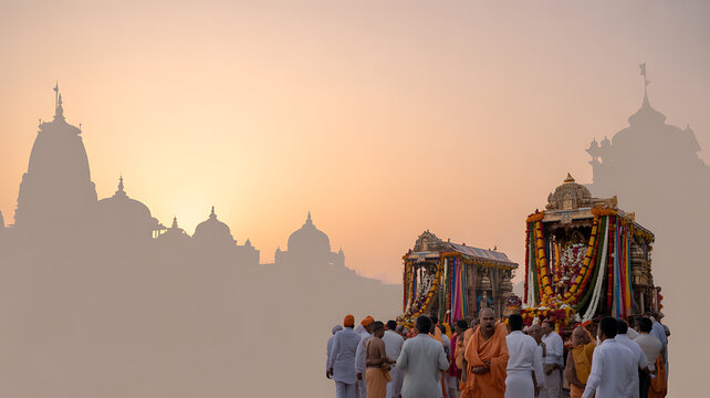 Devotees carry ornate chariots during a religious procession at sunset in front of temple silhouettes