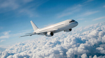 Obraz premium Modern white airplane commercial jet plane Airbus A320 soaring above fluffy white clouds in sunny day travel aviation concept aircraft flight passenger transport airline business destination