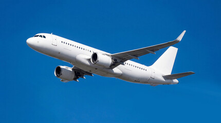 Obraz premium Underneath view white airplane commercial jet plane Airbus A320 flying against bright blue sky background aviation transport aircraft travel business trip airline service flight engineering