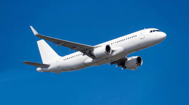 White airplane commercial jet plane Airbus A320 flying in clear blue sky side view wings and engines visible passenger aviation transport travel tourism airline aircraft flight aerospace cruising