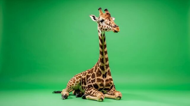Young giraffe resting peacefully on a vibrant green background studio portrait
