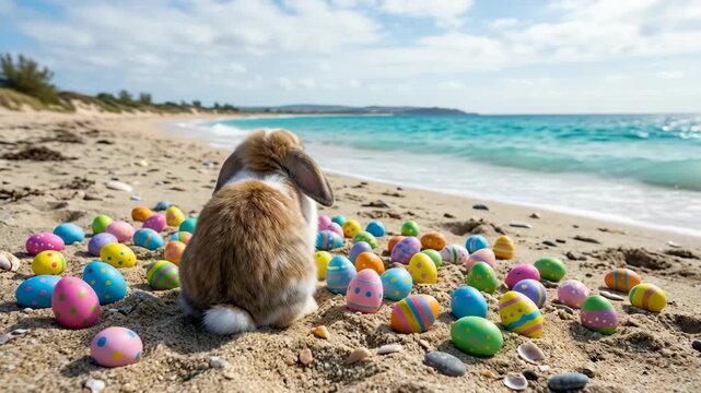 Cute bunny looks at colorful Easter eggs scattered on sandy beach by turquoise ocean waves