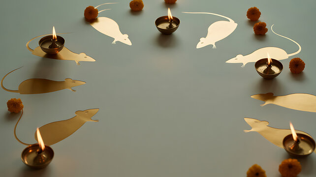 Paper mouse silhouettes arranged with lit candles and pom-poms on a flat surface