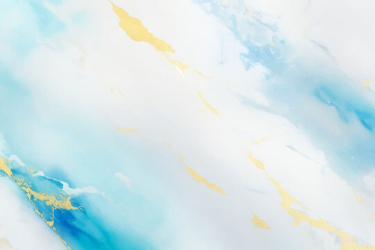 Abstract painting in the Fluid Art technique (liquid acrylic). Marble pattern in light blue and gold colors. Liquid paints blend and flow across the canvas, creating organic, unique patterns 