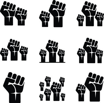 Protest fist icons set, 8 black and white raised fists, unity and resistance symbols, 2x4 grid, bold graphic style, solidarity illustration