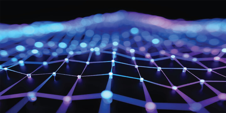 A blue tennis ball caught in a 3d digital net illustrates a complex pattern of binary data and internet communication against a glowing connection backdrop