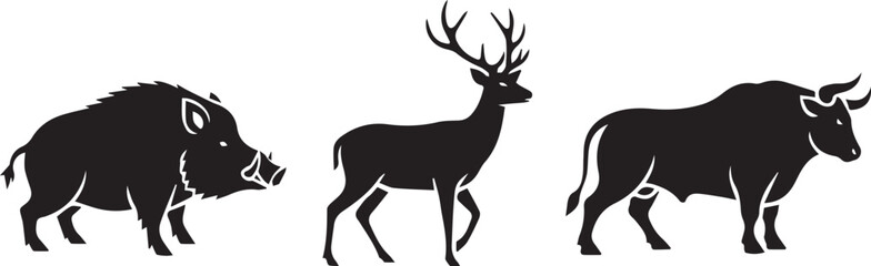 Obraz premium Wild Animal Silhouette Set with Boar, Deer, and Bull Icons