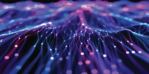 A digital pattern of blue fiber optic cables creates a macro science background where light data flows through glass technology for high-speed internet communication across a dark network space © JAHURA