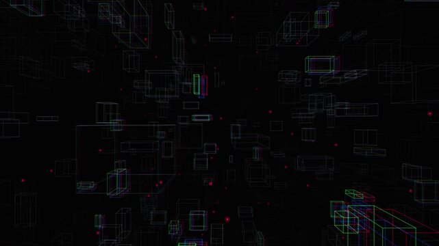 Transparent server monolith wireframes violently jitter with RGB chromatic aberration flares. Simulates a catastrophic system glitch. Ideal for cybersecurity explainer videos and enterprise IT