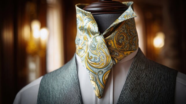Elegant Silk Ascot with Subtle Paisley Pattern Displayed on Mannequin