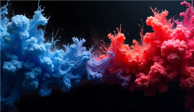 Vibrant colorful ink splashes explode against a black background with fiery orange energy and red smoke textures creating a hot inferno design