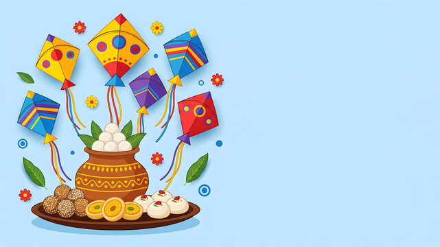 Bengali New Year Festival Illustration with Kites, Traditional Sweets and Decorative Elements