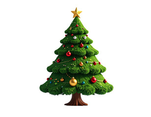 Fototapeta premium Cartoon christmas tree with star topper, colorful ornaments, and textured green pine needles