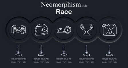 Race set icon. Formula car vehicle, racing helmet protection, podium ranking stopwatch, trophy victory cup, fuel canister pit stop, motorsport competition, speed tournament. © Anastasia