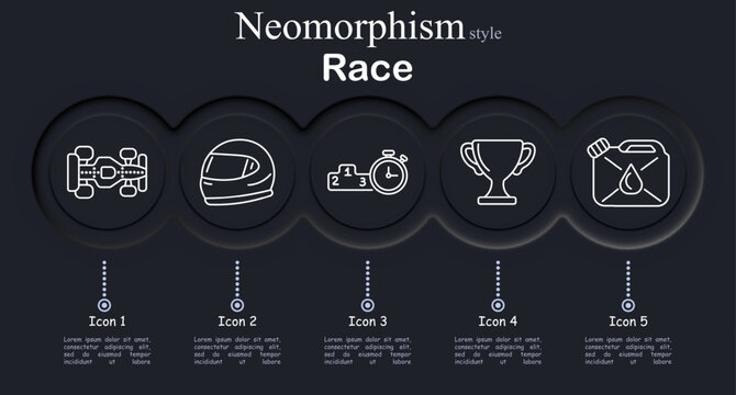 Race set icon. Formula car vehicle, racing helmet protection, podium ranking stopwatch, trophy victory cup, fuel canister pit stop, motorsport competition, speed tournament.