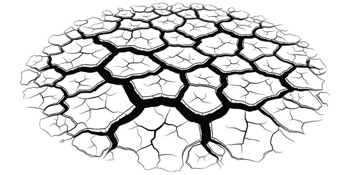 Cracked earth illustration, drought texture, dry soil surface, parched ground, desertification symbol, environmental artwork, climate change concept, black and white vector