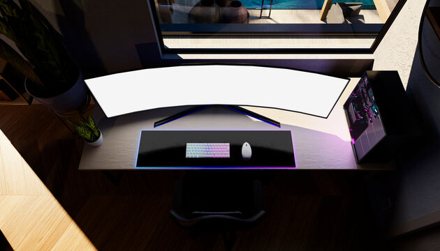 Minimalist modern workstation with curved display and blank screen