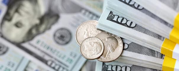 US coin lies among ten thousand dollars packs in stack on big amount of hundred dollar bills © Larysa